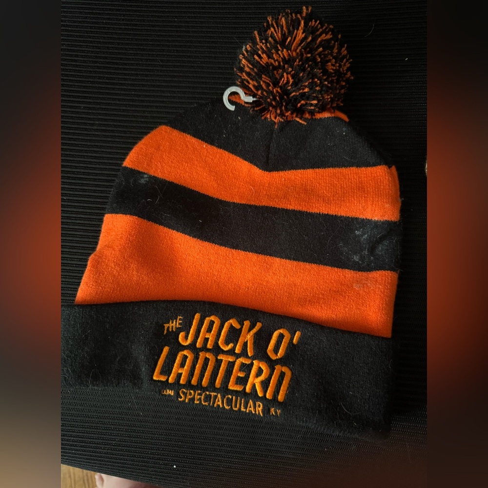 The Jack O' Lantern Spectacular Striped Pom Beanie - Orange & Black